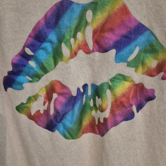 SCOTT & SCOTT LONDON Cashmere Cream Sweater Kiss Motif In Rainbow Foil Sz.S - Picture 2 of 6